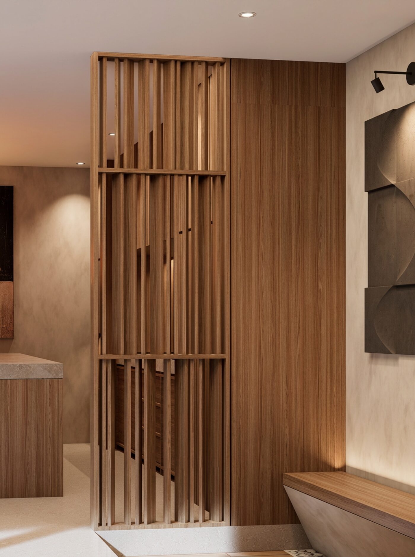 Villa entrance — timber screen and stone
