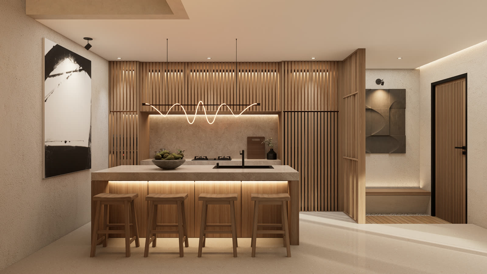 Villa kitchen — pale oak island under the sculptural light